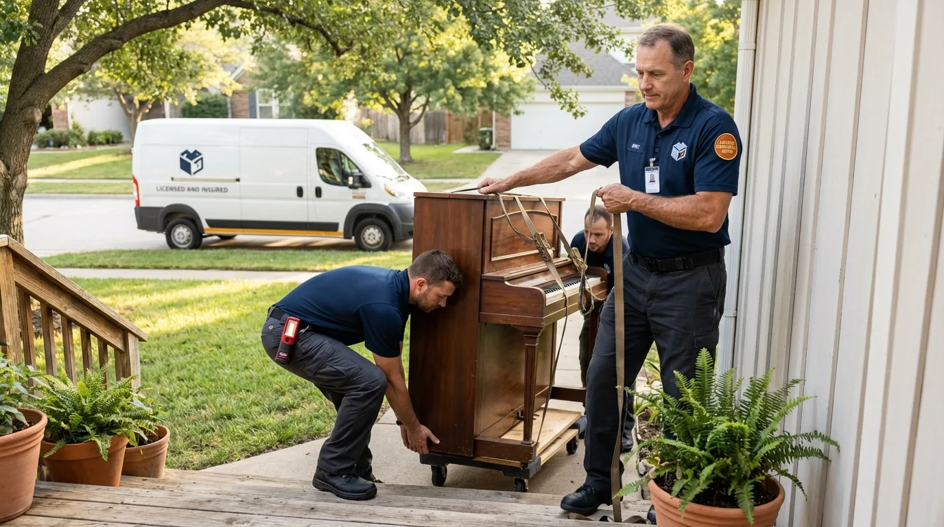 Licensed piano movers securing grand piano in Millville, UT