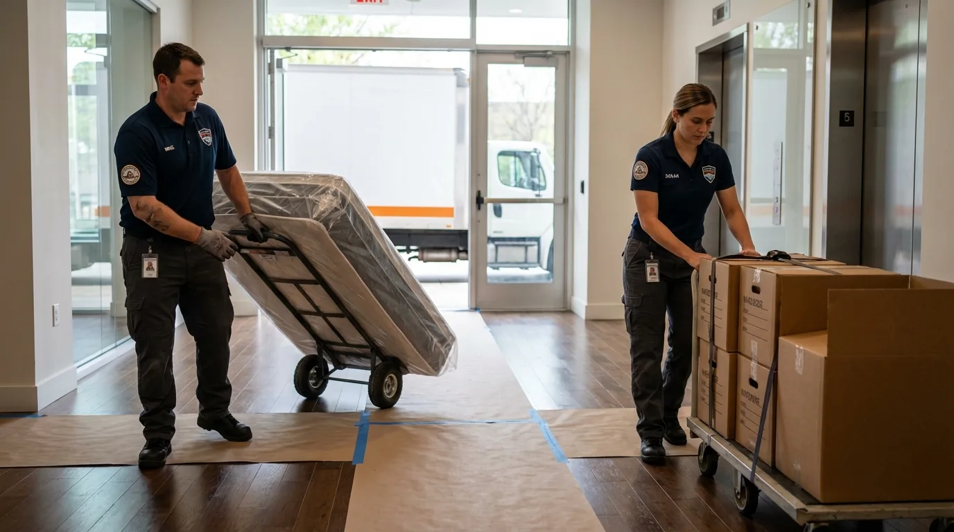 Professional apartment movers loading elevator in Millville, UT