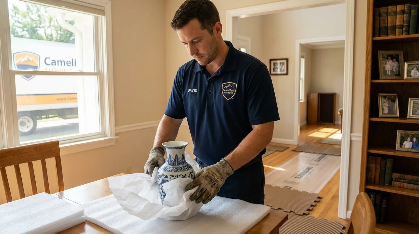 Professional crew carefully wrapping antique vase for senior downsizing move in Millville, UT